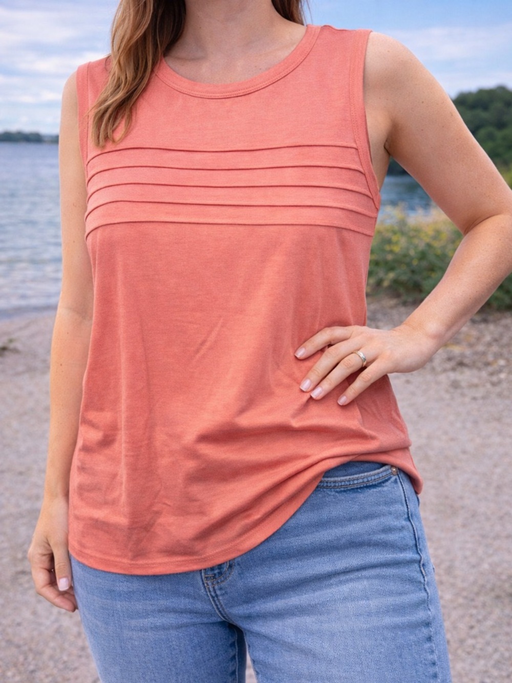 Sleeveless Pintuck Tank Top in Coral Pink
